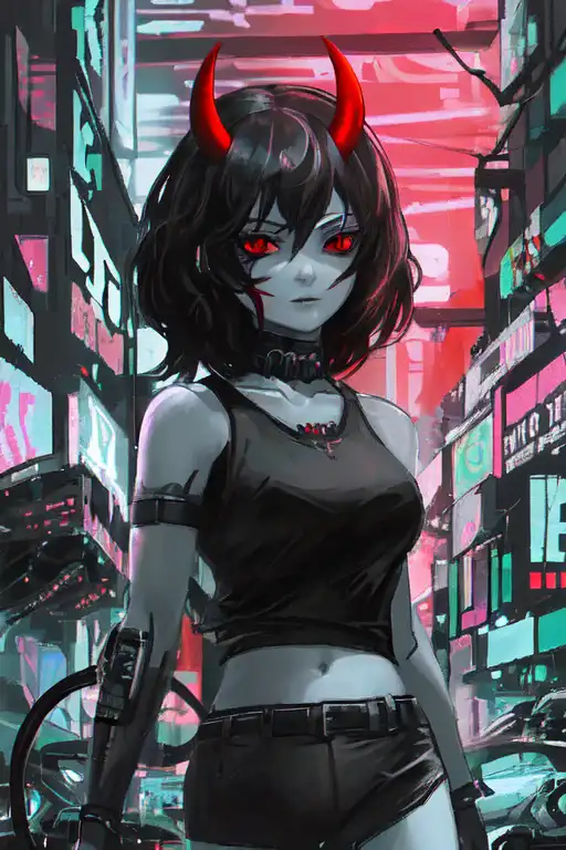 Custom Digital Art, Cyberpunk, Anime Girl. Horns, Demon