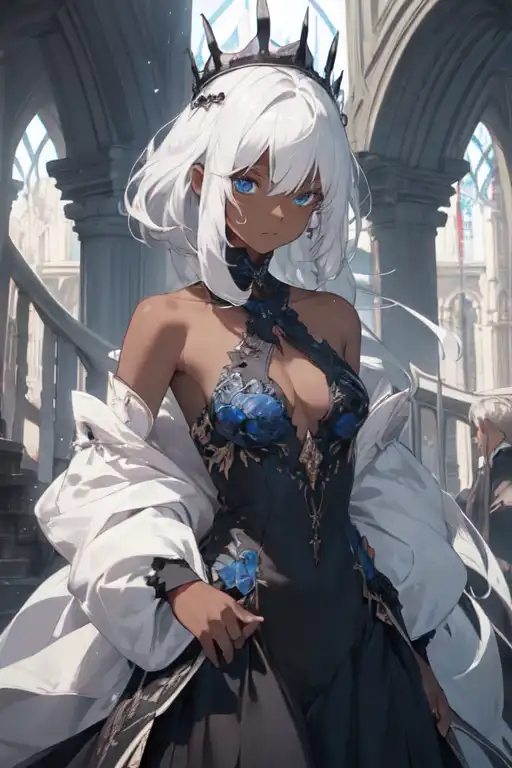 Anime queen with long white hair, blue eyes and tanned skin