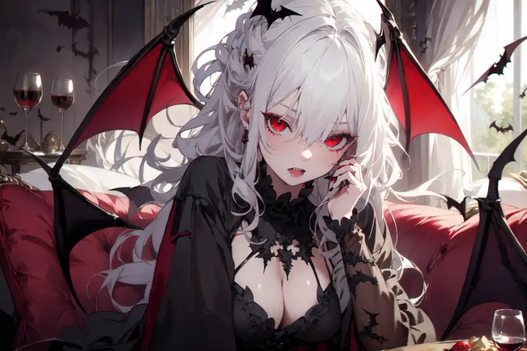 White hair anime girl, vampire, cheeky - AI Photo Generator - starryai