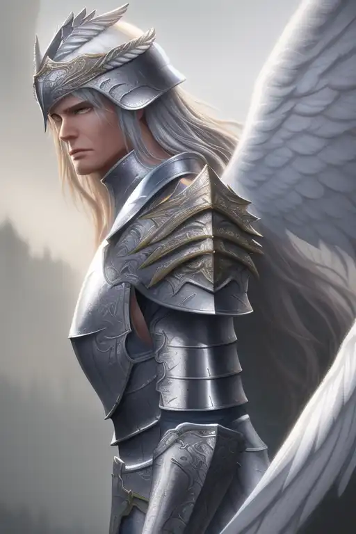 Archangel male character, fully armoured and using a delightful helmet, his  wings are made of pure divine energy, his armour features a white base and  golden metalic details and parts on Craiyon