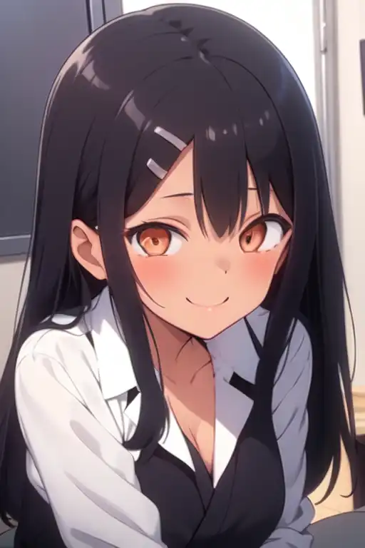 anime girl with black hair and orange eyes