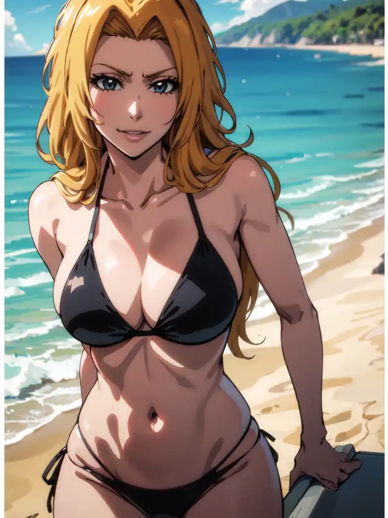 AI Art: Rangiku Matsumoto - Blonde, Blue eyed, Black Bikini, Bombshell Babe  at the Beach from Bleach by @Tinkinator | PixAI