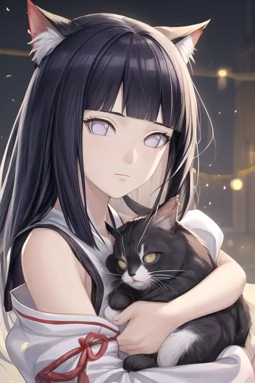 AI Art: Hinata(Naruto) Holding a cat by @KikuWolfRosE | PixAI