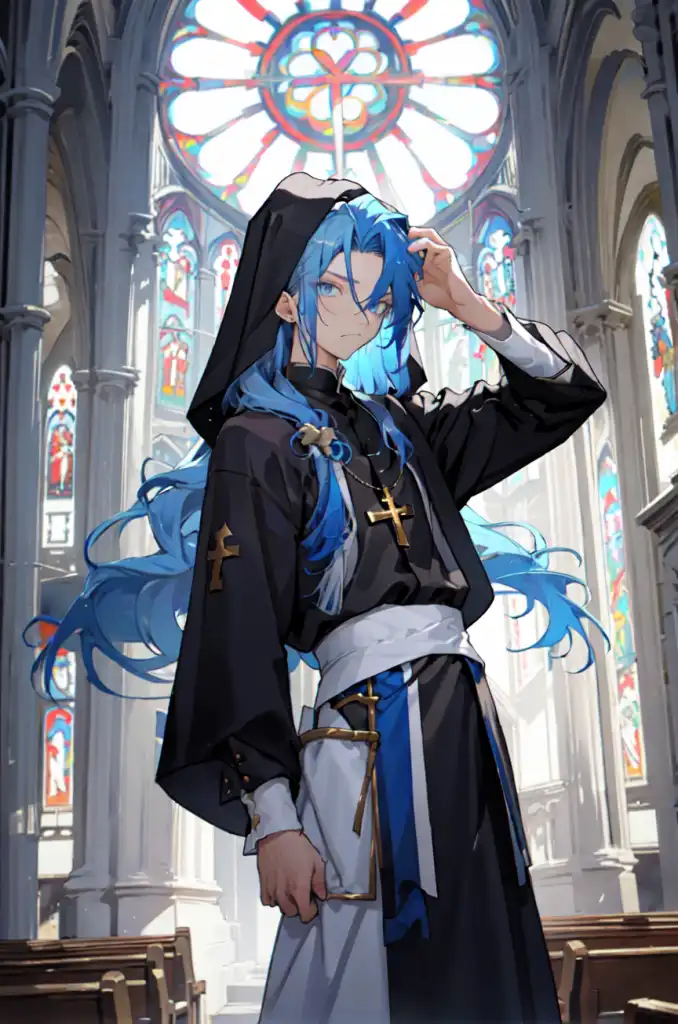 AI art Oceanment generated for keywords blue long hair, MULTICOLORED HAIR, blue eyes, androgynous look, priest costume, church background