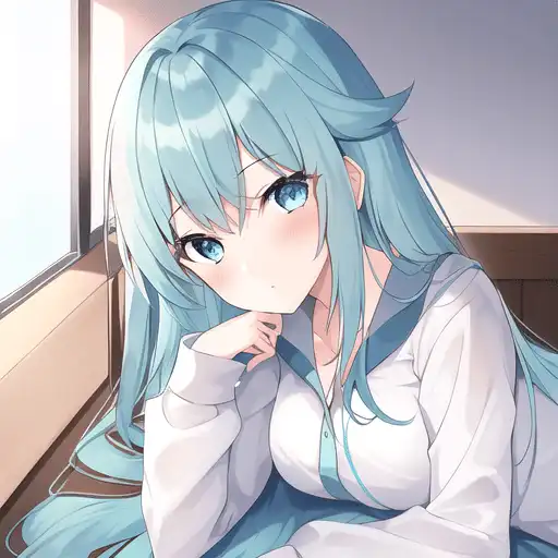 anime girl with light blue hair and blue eyes