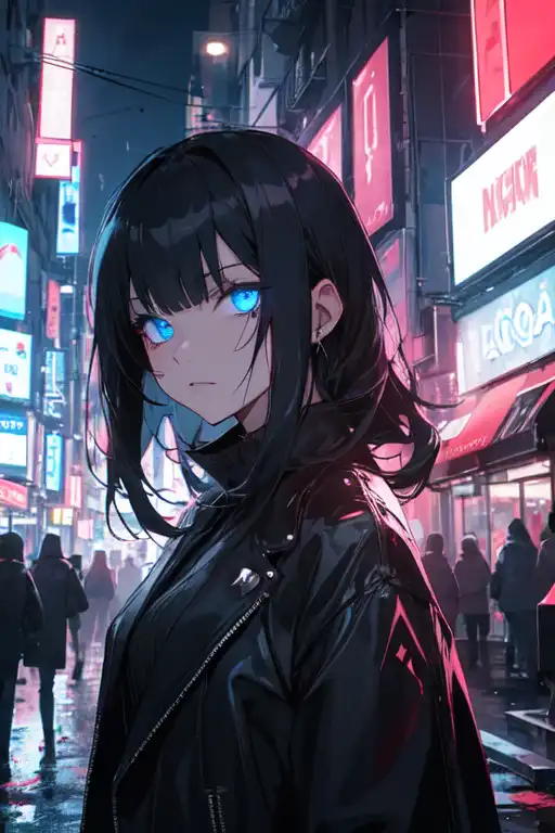 edible-pig164: pretty anime style girl, black hair, blue eyes, city them  background, casual female clothing, digital painting