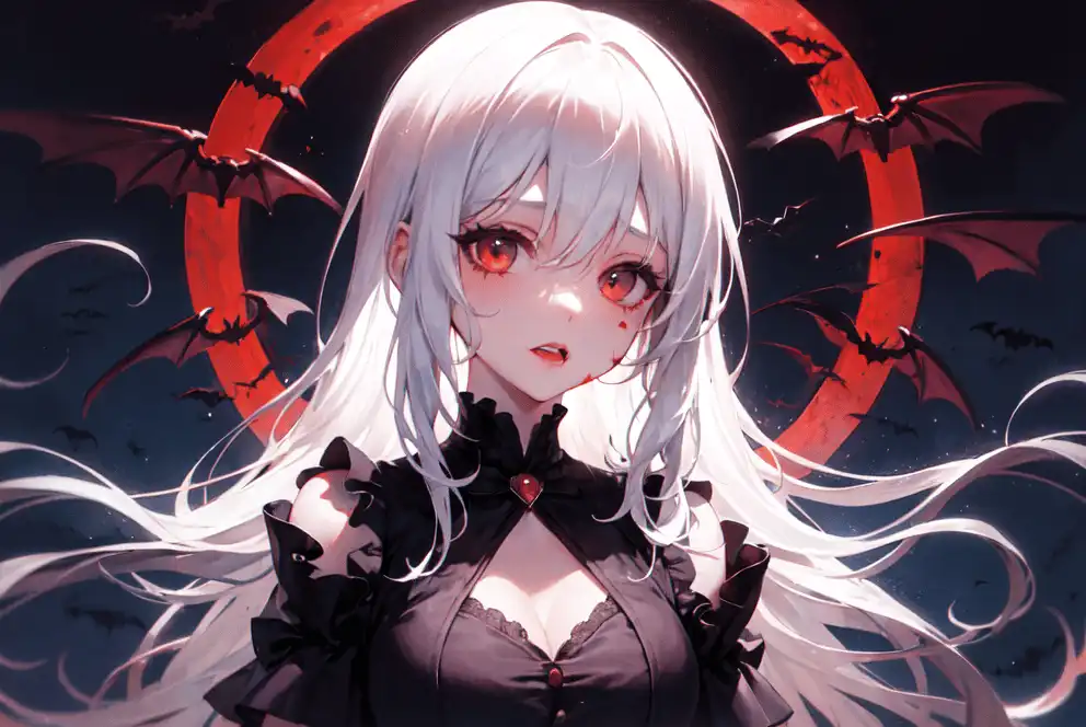 White hair anime girl, vampire, cheeky - AI Photo Generator - starryai