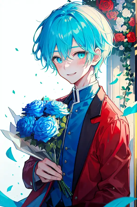 Anime boy character with light blue hair and red eyes smiling