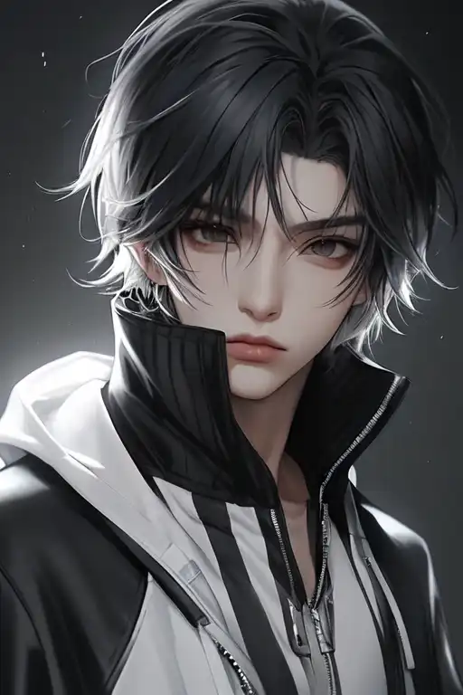 Create an anime portrait of a young man who is very muscular, handsome,  with skin as white as snow, short black hair, and dressed in a black -  AI Generated Artwork 