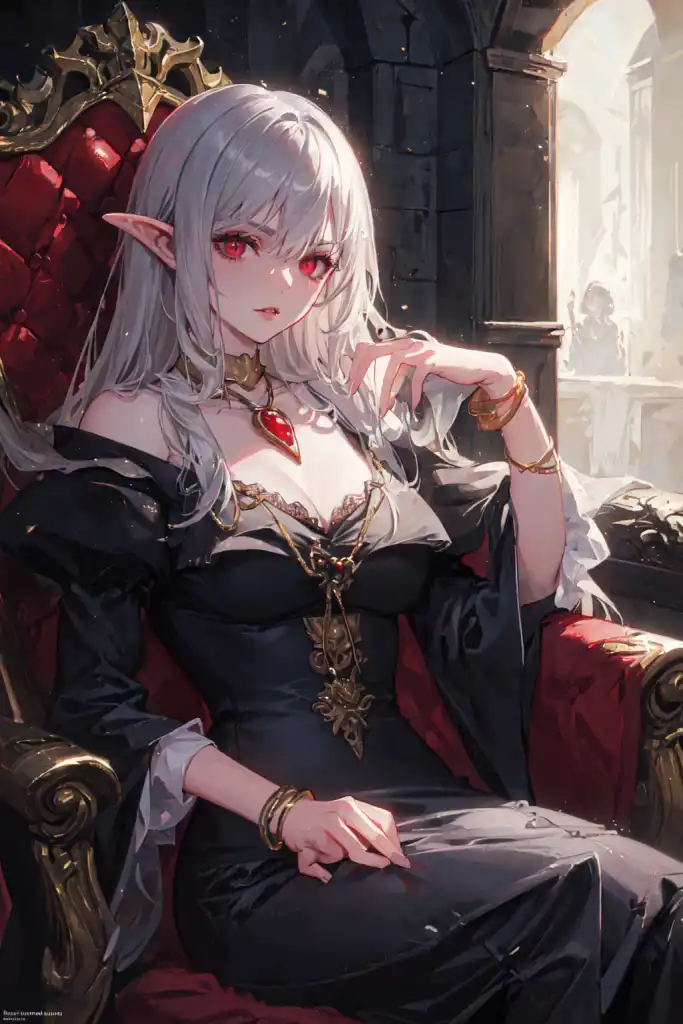 visible-elk918:   , elf vampire girl with white hair and red eyes. anime style