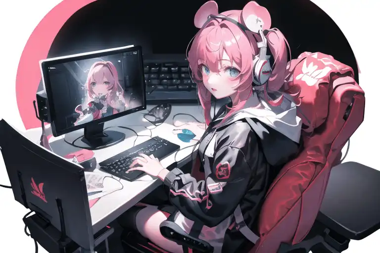 prompthunt: anime drawing of a gamer girl playing a game on her computer,  portrait shot of her face lit up by the monitor, dark atmosphere