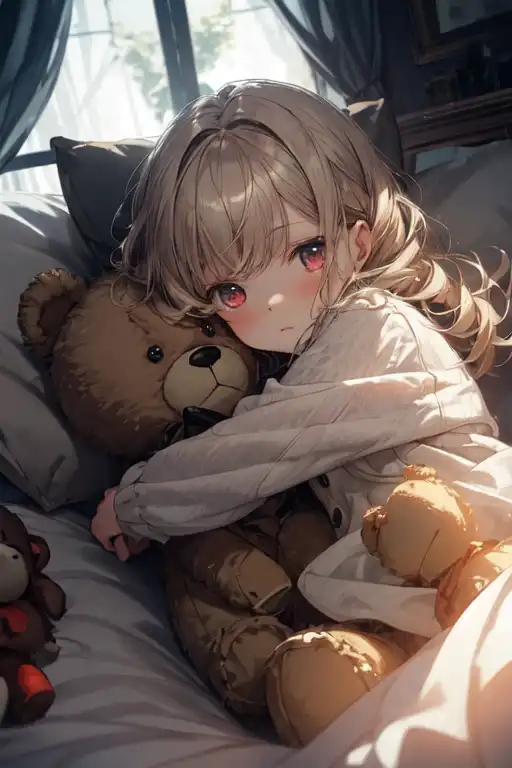 sad anime girl holding teddy bear