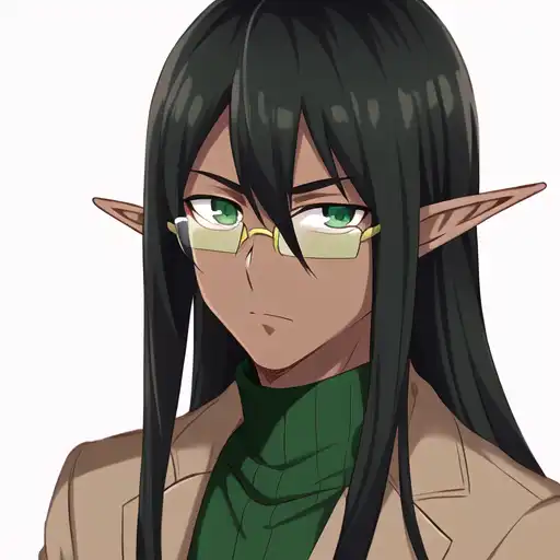 Anime a girl in a black turtleneck and dark brown hair bangs with green eyes