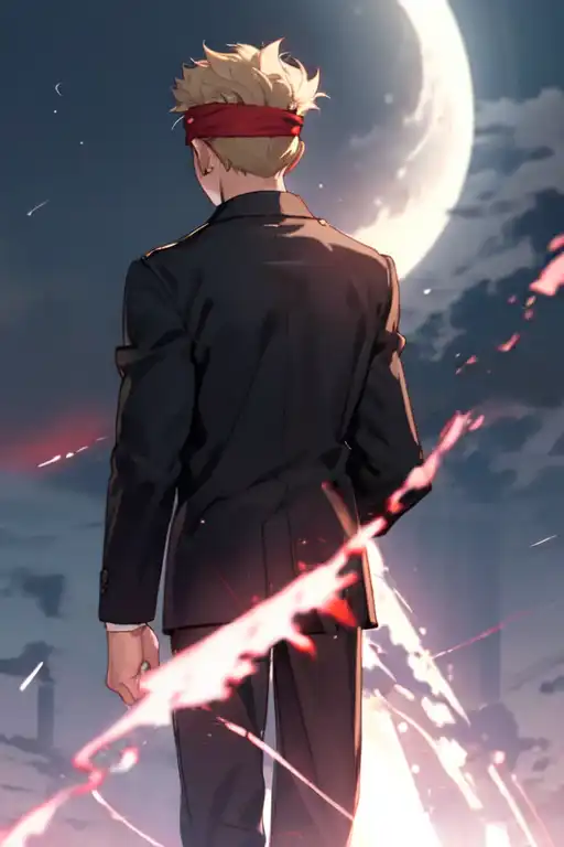 AI art Hamasura Shiaki generated for keywords Blonde hair man, red bandanna, full shot from behind, black jacket, student uniform, moonlight background