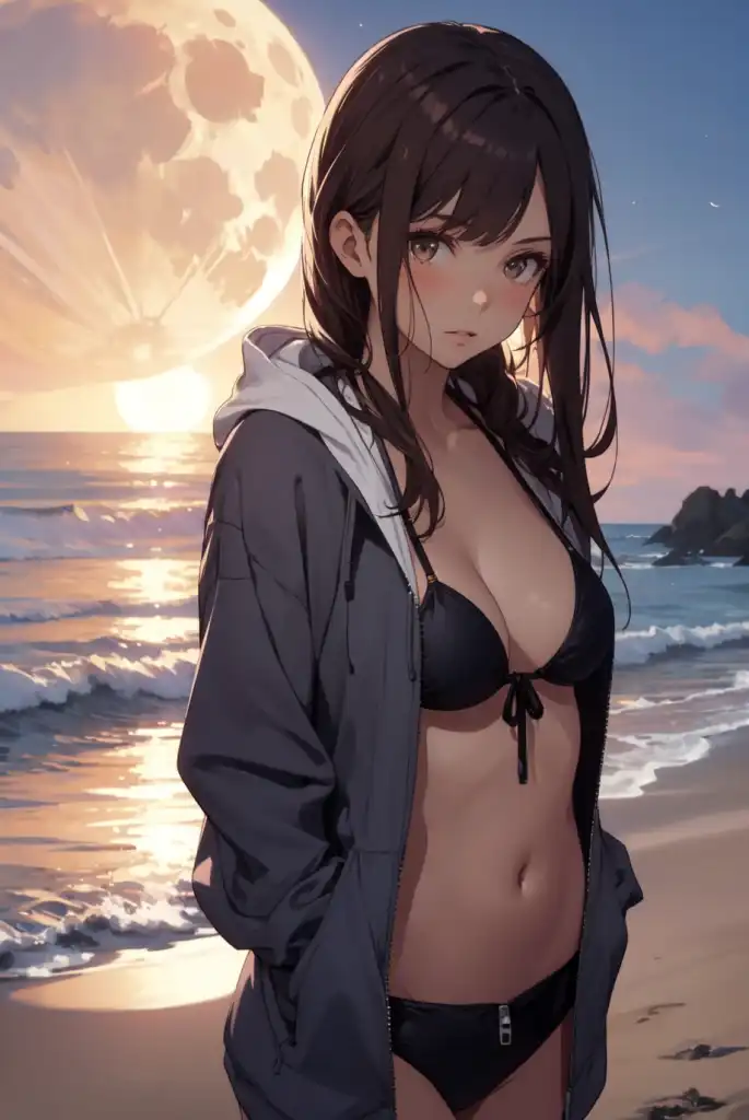 Anime,Beach,rear view,lightskin,cute girl,black hair,blue bra,bl