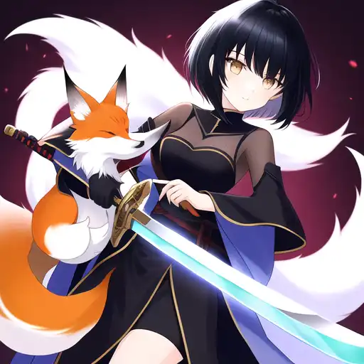 anime girl with short black hair and sword