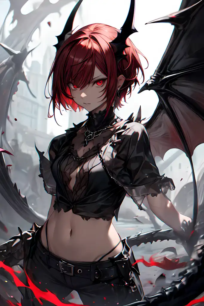 anime character with dragon head and red and black hair