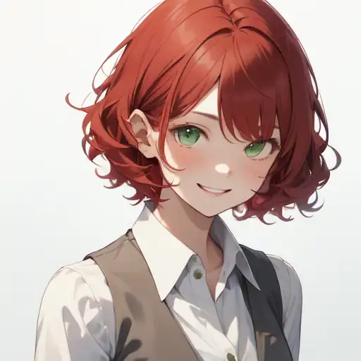anime girl with curly brown hair and green eyes