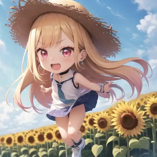 Cute blond anime girl in a big straw hat holding a sunflower in a