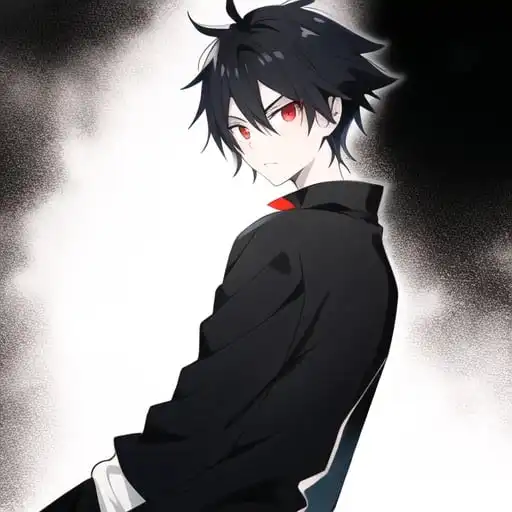 black and white anime boy with red eyes