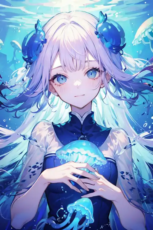 Noyu, profile, blue hair, blue eyes, shoulder length hair, looking away,  portrait display, anime girls, hair ornament, water, fish, fishbowls,  jellyfish, clownfish, starfish, sea anemones, bubbles, coral, seaweed, dark  background, stars, simple