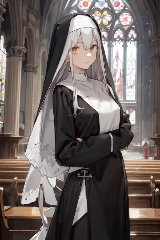 AI art Cecilia generated for keywords white hair girl, orange eye color, nun costume, church background