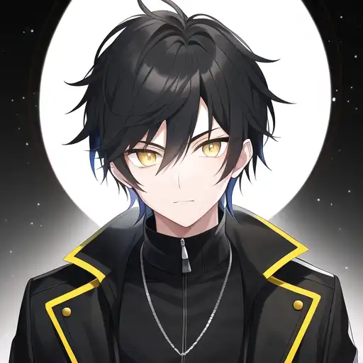 anime boy with black hair and yellow eyes