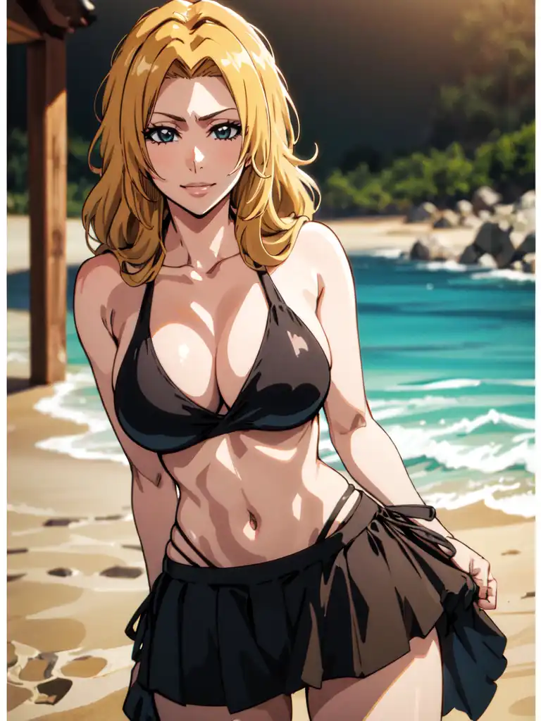 AI Art: Rangiku Matsumoto - Blonde, Blue eyed, Black Bikini, Bombshell Babe  at the Beach from Bleach by @Tinkinator | PixAI