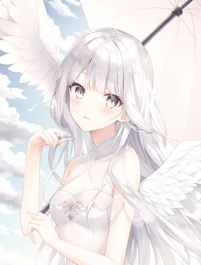 anime girl with silver hair and wings