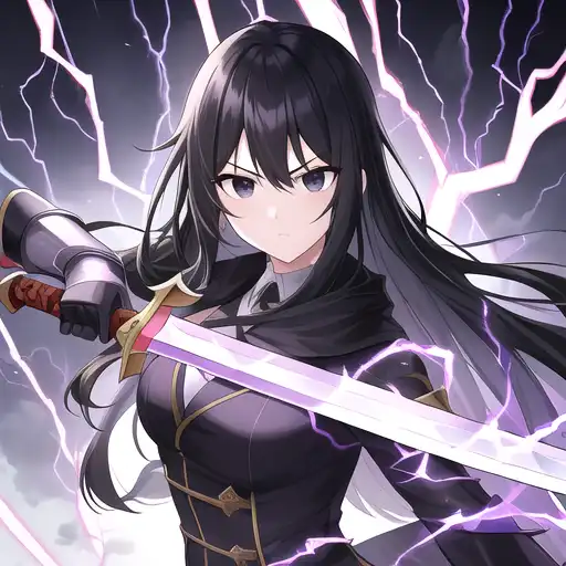 anime girl with black hair and black eyes and sword