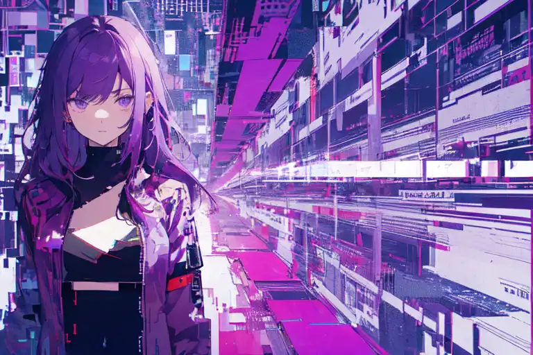 Beautiful Cyberpunk Cityscape, Glitchy Animation style