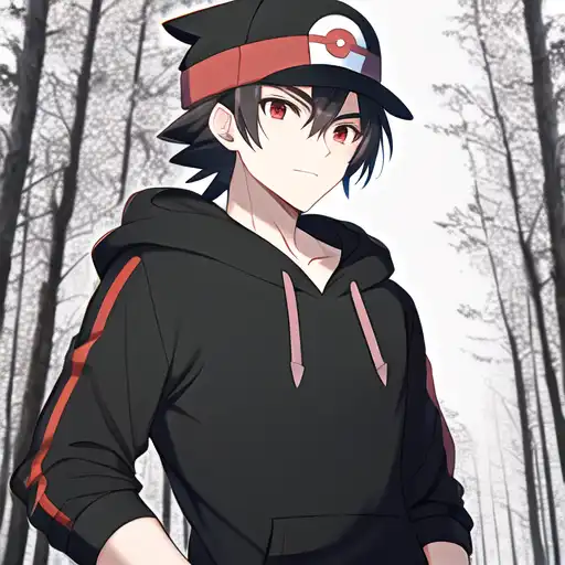 Pokémon trainer, anime boy, black hair, red eyes, fa
