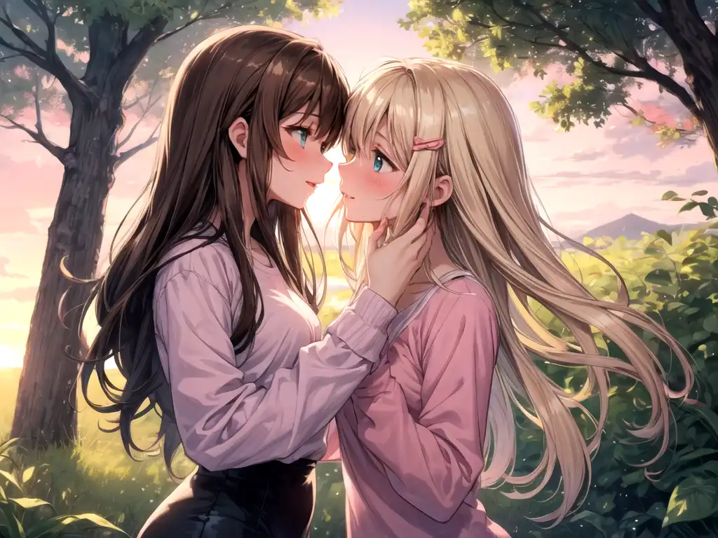 AI Art: Two girls kissing at sunset in a park by @Isenlia | PixAI