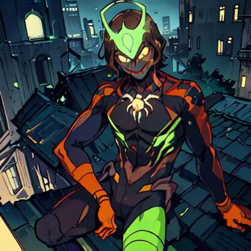 Green and brown spidersona in the style of marvels spiderman