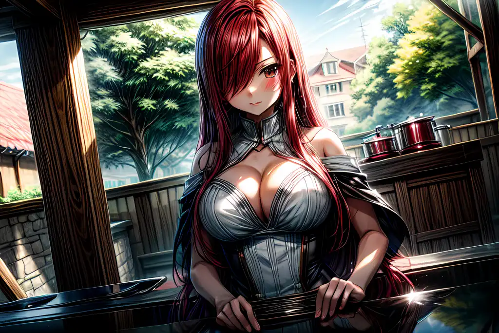 Fairy tail anime blue long haired erza scarlet serious woman wearing  samurai armor