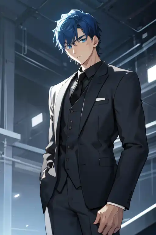 AI art Sypher Anderson generated for keywords young adult man, short blue hair, blue eyes, black suit, dark background